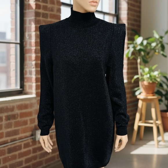 Zara Black Turtleneck Shoulder-Pad Sweater Metalic Long Sleeve Mini Dress - Picture 3 of 13